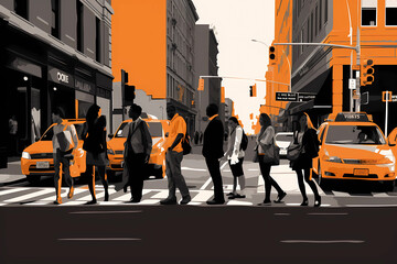 Obraz premium Illustration of people in urban city street, silhouette