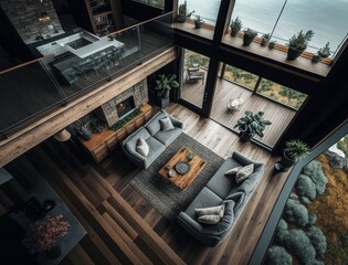interior of the luxury modern wooden cabin in the cliff side with mist and fog, cozy warming