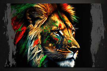 Watercolor portrait of a lion on black created with generative AI technology