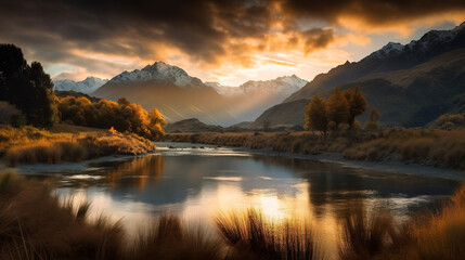 Fototapeta na wymiar Midjourney generated image of a stunning New Zealand panorama