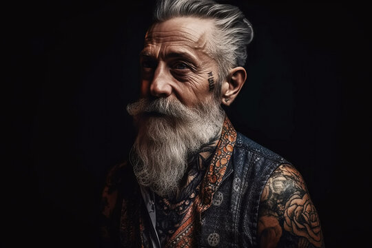 portrait of stylish old bearded retired man in tattoos on black background. Generative AI