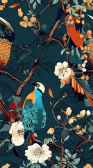 Enchanting Eastern Artistry: Chinese-Style Wallpaper with Bird and Plant Illustrations, Generative AI