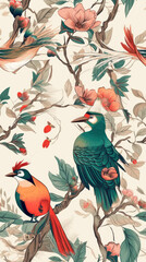Enchanting Eastern Artistry: Chinese-Style Wallpaper with Bird and Plant Illustrations, Generative AI