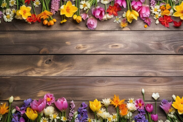 Floral banner, header with copy space, isolated on wooden plank background. Natural spring flowers wallpaper or greeting card - Generative AI