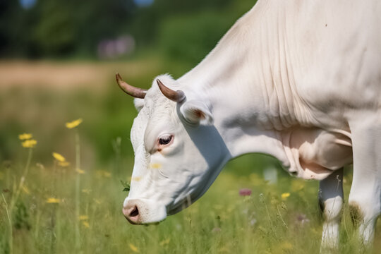 Cow grazes in a meadow and eats grass, animal and pet, illustration. Generative AI. Livestock, cattle breeding, agriculture and farm, dairy and milk, image