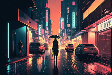 Night city alleyway cyberpunk illustration. Neon lights in the night city, silhouette of a man with umbrella in the rain, modern metropolis in the future. AI generated illustration
