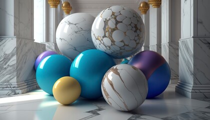 marble balls, different sizes shapes, 3D render game engine unreal, product display space, shiny surface round reflections
