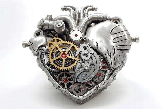 Steel heart with gears and mechanisms. Cyborg heart, robotics and cybernetics, android heart. Sci-fi conceptual illustration. AI generated illustration