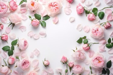 Obraz na płótnie Canvas a bunch of pink roses on a white background with leaves and petals scattered around it, with a place for the text on the right side of the image. generative ai