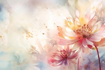  a painting of two flowers with a sky background behind them and a yellow and pink flower in the middle of the picture with a blue and white background.  generative ai