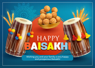 Greeting poster with dhols (drums) and traditional sweets laddu for Punjabi harvest (and New Year) festival Baisakhi (Vaisakhi, Lohri). Vector illustration. 