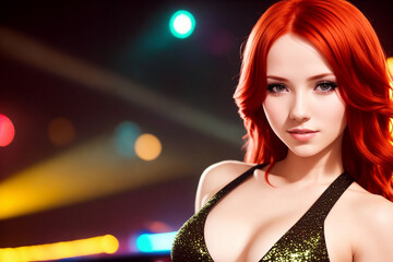 Beautiful sexy girl in a tight shiny dress in a nightclub, Generative AI