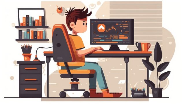 person working on computer in the office, simple minimal cartoon illustration, banner background wallpaper