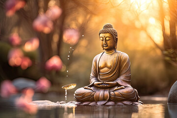 Buddha statue in Zen Garden Mediation, generative AI