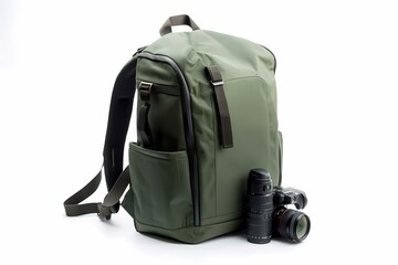 ﻿A green backpack with a camera - Generative AI