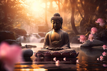 Buddha statue in Zen Garden Mediation, generative AI - obrazy, fototapety, plakaty