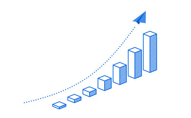 上昇する棒グラフと紙飛行機
