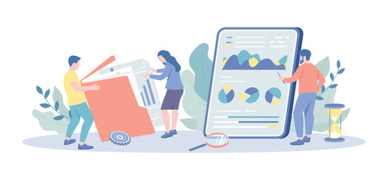 Business Analytics, Planning, Marketing Research, Goal Settings, Strategy. Group of analysts works with documents, graphs and charts. Vector illustration with character situation for web.