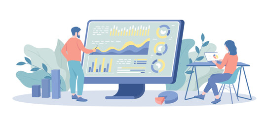 Statistical Analysis. Business growth infographic. Company statistics and sales management analysis.  Finance and investment strategy. Vector illustration with character situation for web.