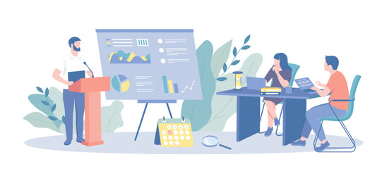 Financial Report. Analyzing charts, balance, income statement, business data. Business analyst speaks to the team with a report. Vector illustration with character situation for web.