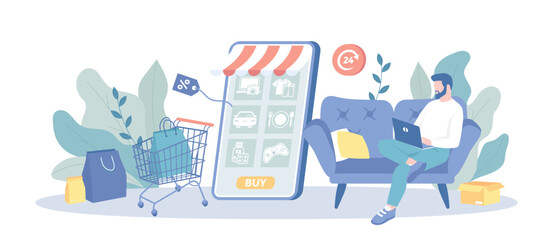 Online Shopping Mobile APP. Internet store, order online. Man buy through the phone. Vector illustration with character situation for web.