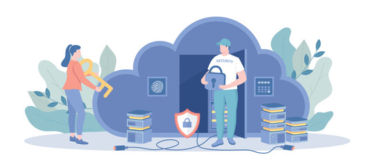 Cloud Computing Network Safety. Digital data protection, cyber security software. Vector illustration with character situation for web.