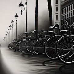 Obraz premium Bicycles on a street, monochrome, generative AI