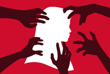 Silhouette of woman, harassment vector illustration. hands of man touching hijab women. Violence against women, Workplace bullying concept. flat concept, text, blue, white, victim, sexual, rape - obrazy, fototapety, plakaty