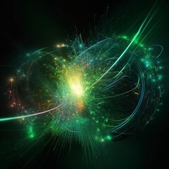 Abstract green energy torus emitting particles light waves gold orange flash