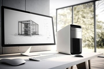 Fototapeta na wymiar Architect office project concept. Computer screen on white work desk showing house blueprints in CAD program. Generative AI