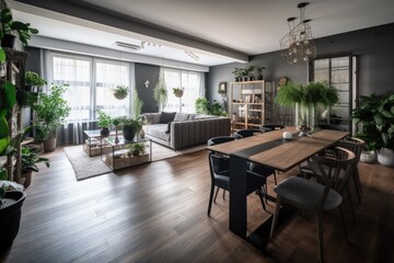 Fototapeta na wymiar Open, fashionable living and dining area with a sofa and a dining table. Room with lots of plants, dark wooden parquet, and lots of natural light. Generative AI