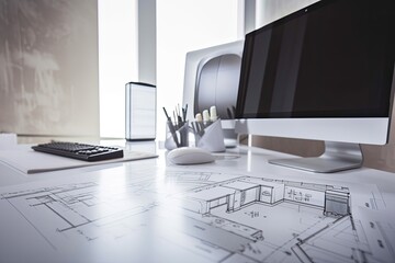 Architect office project concept. Computer on white work desk, house blueprints on desk. Generative AI