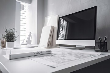 Architect office project concept. Computer on white work desk, house blueprints on desk. Generative AI
