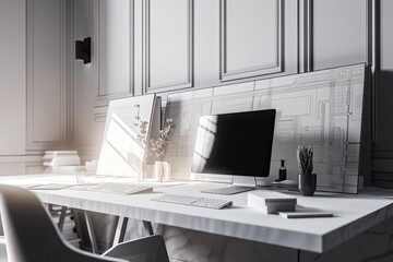 Architect office project concept. Computer screen on white work desk. Generative AI