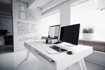 Fototapeta na wymiar Architect office project concept. Computer screen on white work desk. Generative AI