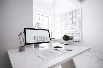 Architect office project concept. Computer screen on white work desk showing house blueprints in CAD program. Generative AI