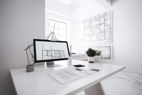Architect office project concept. Computer screen on white work desk showing house blueprints in CAD program. Generative AI
