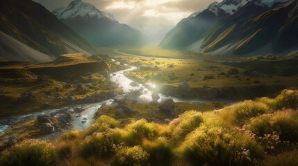 Fototapeta na wymiar Midjourney generated image of a stunning New Zealand panorama