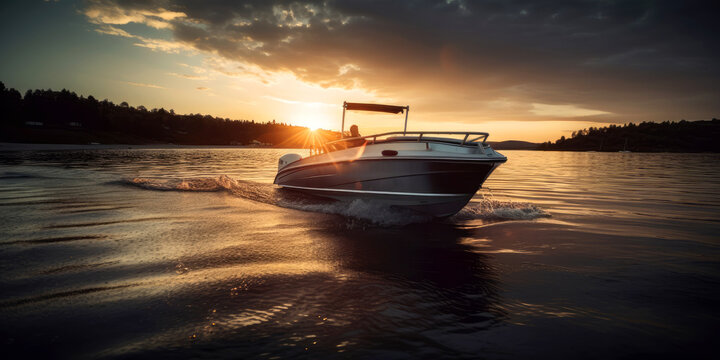 Swiming motorboat yacht sunset on lake