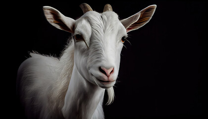 Portrait of a white goat closeup on a black background.
Generative Ai.