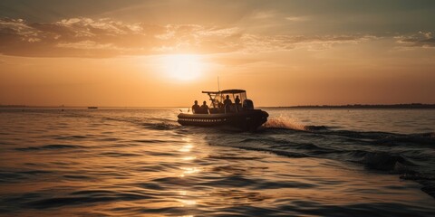 Fototapeta na wymiar Motorboat yacht sunset on sea