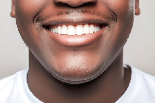 perfect white teeth black man close up, male toothy veneer smile, Tooth whitening, dental care and stomatology, dentistry. generative ai.
