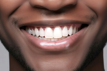 Obraz premium perfect white teeth black man with beard close up, male toothy veneer smile, Tooth whitening, dental care and stomatology, dentistry. generative ai