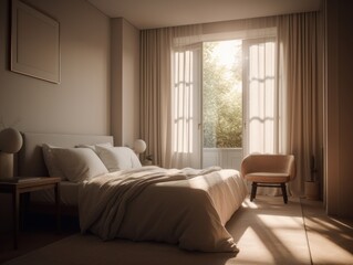An image of a modern, minimalist bedroom with a neutral color palette, featuring a comfortable bed with soft linens, a stylish nightstand, and an elegant floor lamp. The room is bathed in soft, natura
