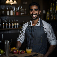 Portrait of a 30 year old latin barman at pub. Adult man working as barman and smiling at camera. Generative AI