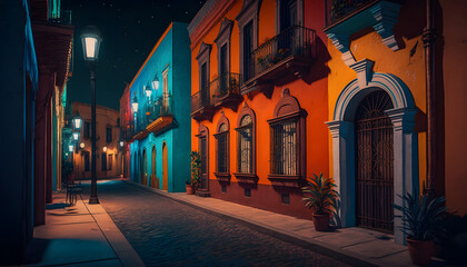 Fototapeta na wymiar OLD MEXICO CAPITAL STREETS VERY COLORFUL AND AT NIGHT VERY REAL 4K IMAGE