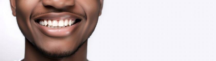banner perfect white teeth black man close up, male toothy veneer smile, Tooth whitening, dental care and stomatology, dentistry. copyspace, generative ai.