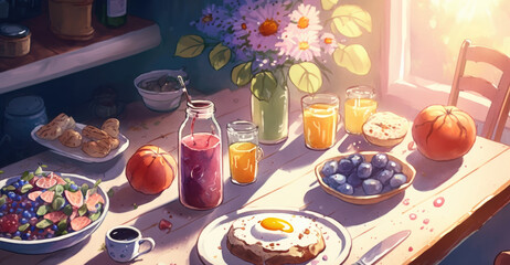 Obraz na płótnie Canvas Drawn fresh healthy breakfast watercolor breakfast food illustrations Generative AI