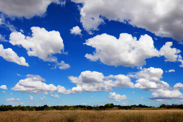 White heap clouds in a blue sky. Below is a clearing with green grass. Sunny summer day