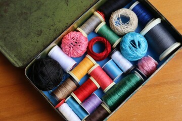 colorful thread cones in an old box